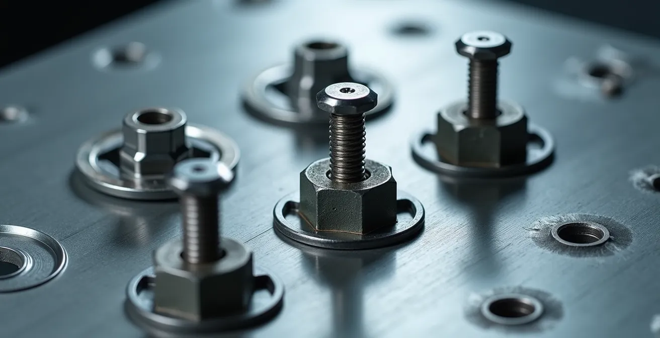Extreme close-up of toggle bolt hardware with textured surfaces