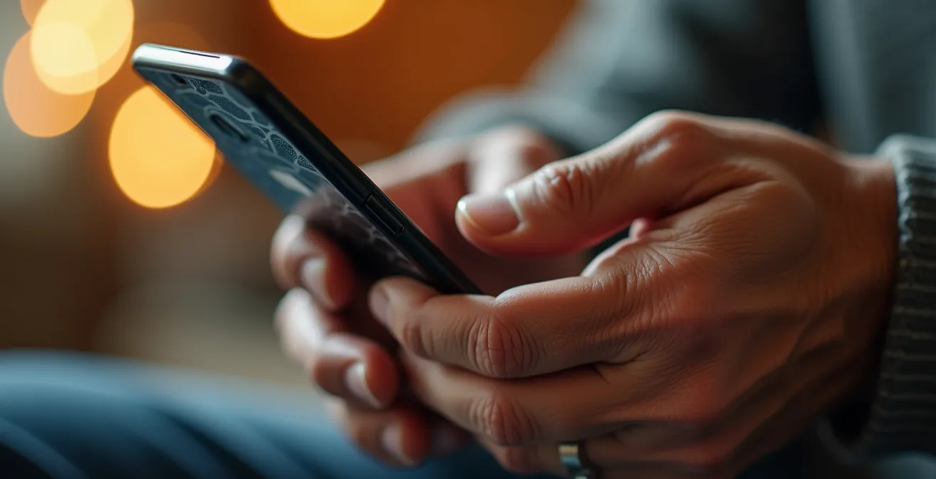 Senior using voice recorder on smartphone to track health symptoms