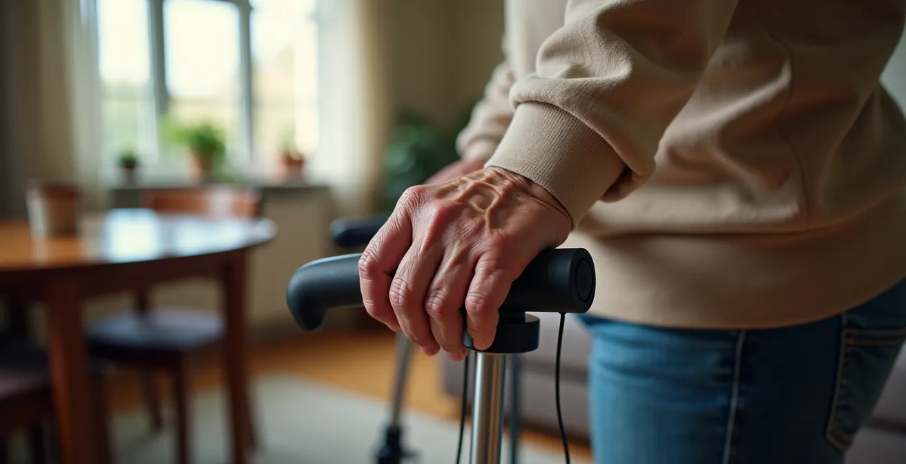 Human hand demonstrating different wheelchair control methods including joystick, chin control mount, and T-bar handle