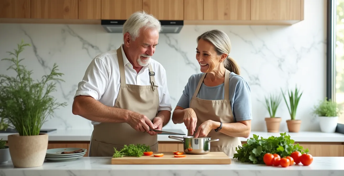 Adult parent and child cooking together as equals in modern kitchen