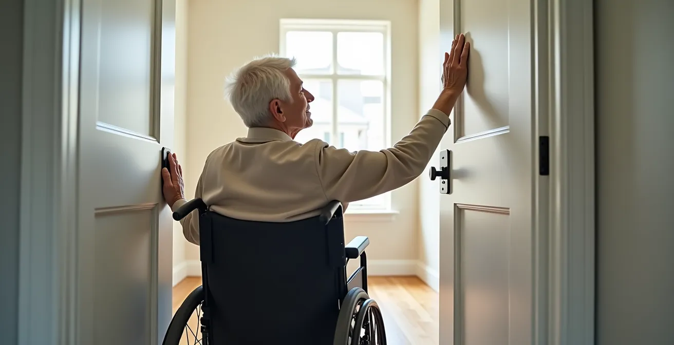 Split view showing a person in a wheelchair reaching for barn door hardware versus a pocket door handle