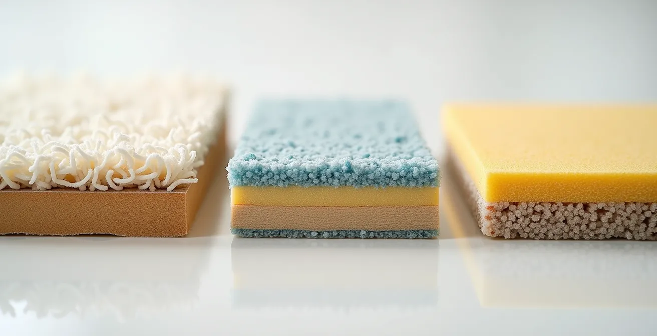 Cross-section view showing different carpet underpad densities and their impact absorption