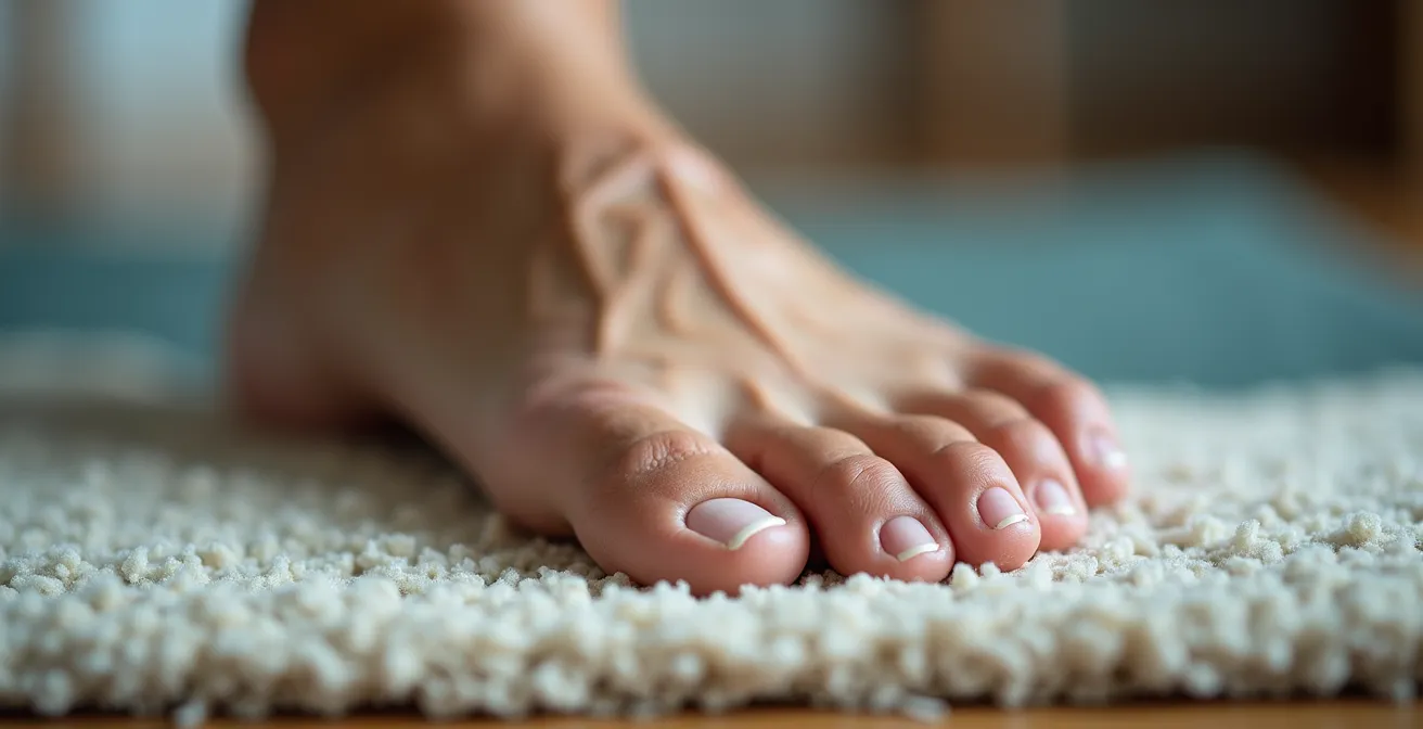 Macro view of bare foot practicing sensory awareness on textured surface