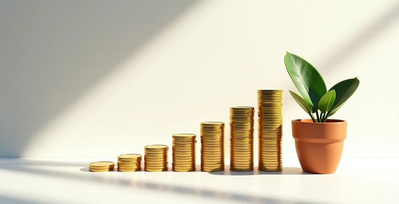 Growing stack of coins next to a thriving plant symbolizing compound growth