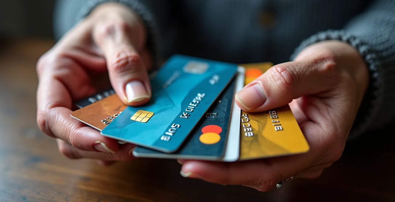 Close-up of senior hands holding multiple credit cards fanned out on wooden table