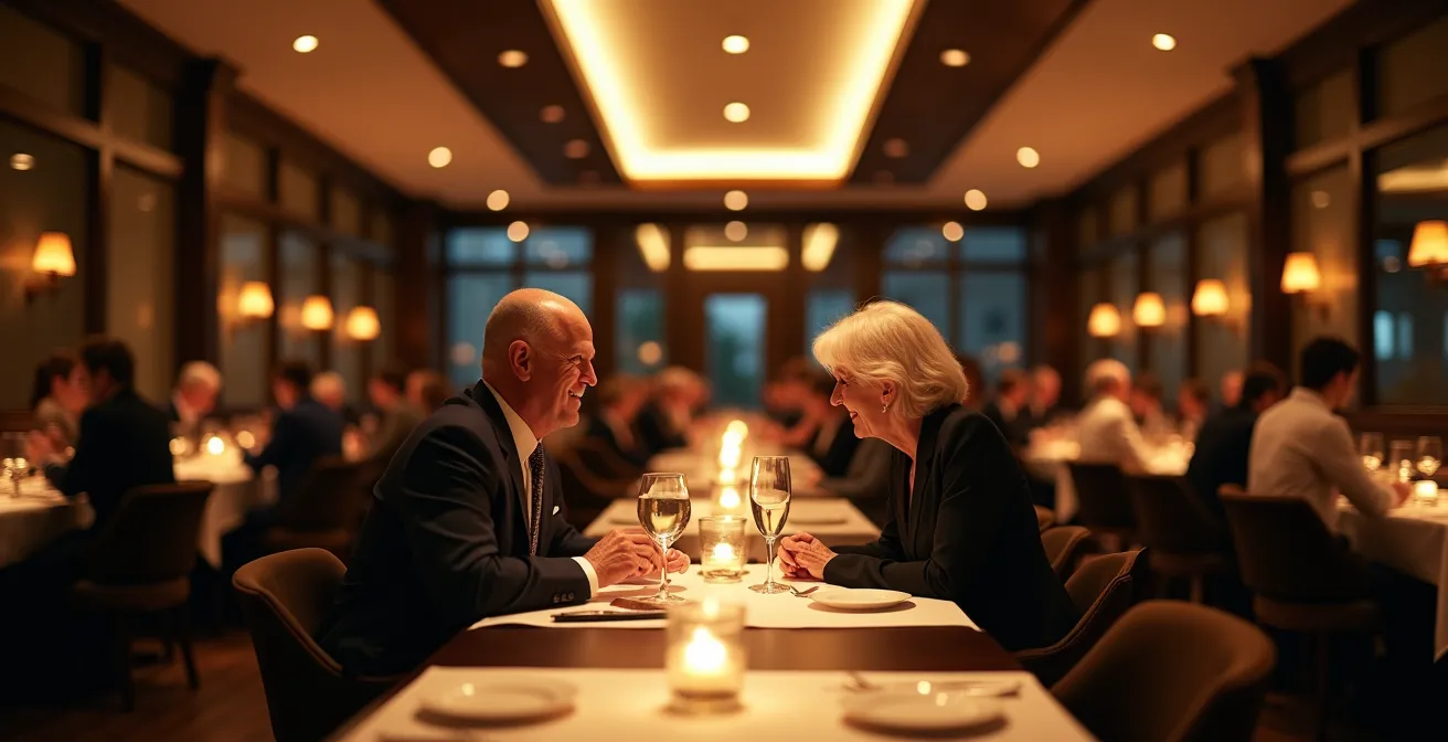 Wide shot of busy restaurant interior showing ambient noise environment with senior couple dining