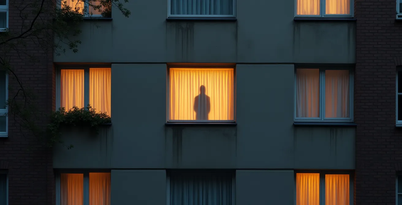 View of apartment building with one window showing closed curtains and a shadowy silhouette, symbolizing isolation.