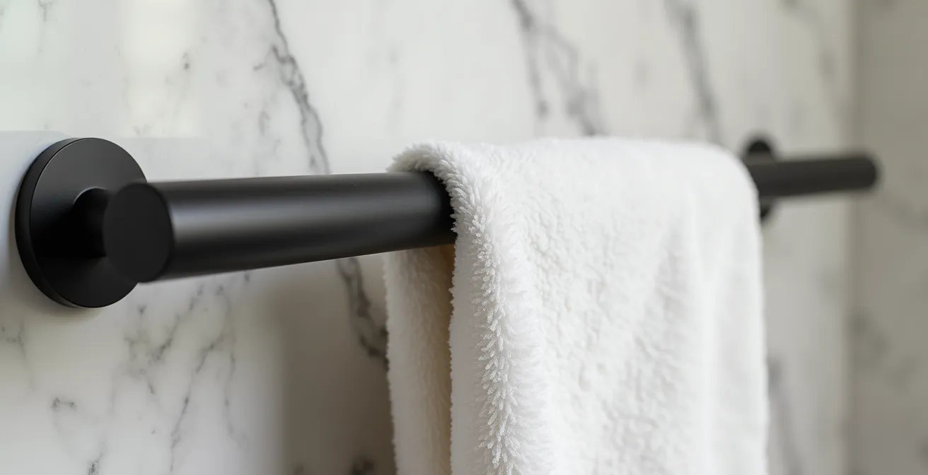 High-end bathroom showcasing designer grab bars that double as towel holders and shelving