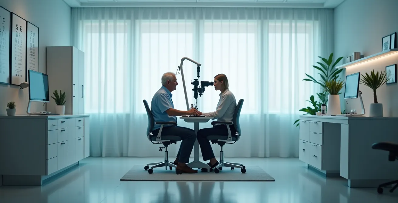 Senior patient receiving dilated eye examination with specialized equipment in clinical setting