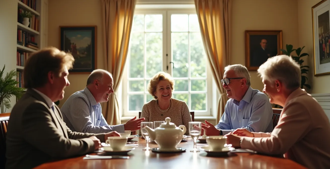 Multi-generational family discussing charitable giving around dining table