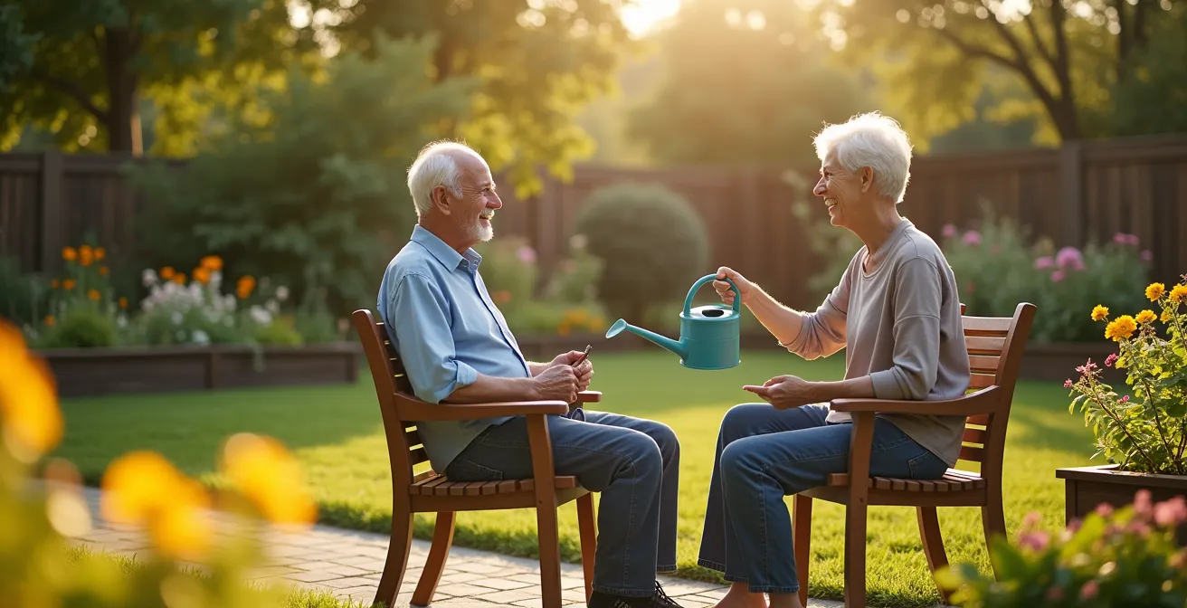 Elderly person and middle-aged assistant having friendly conversation in sunny garden with gardening tools