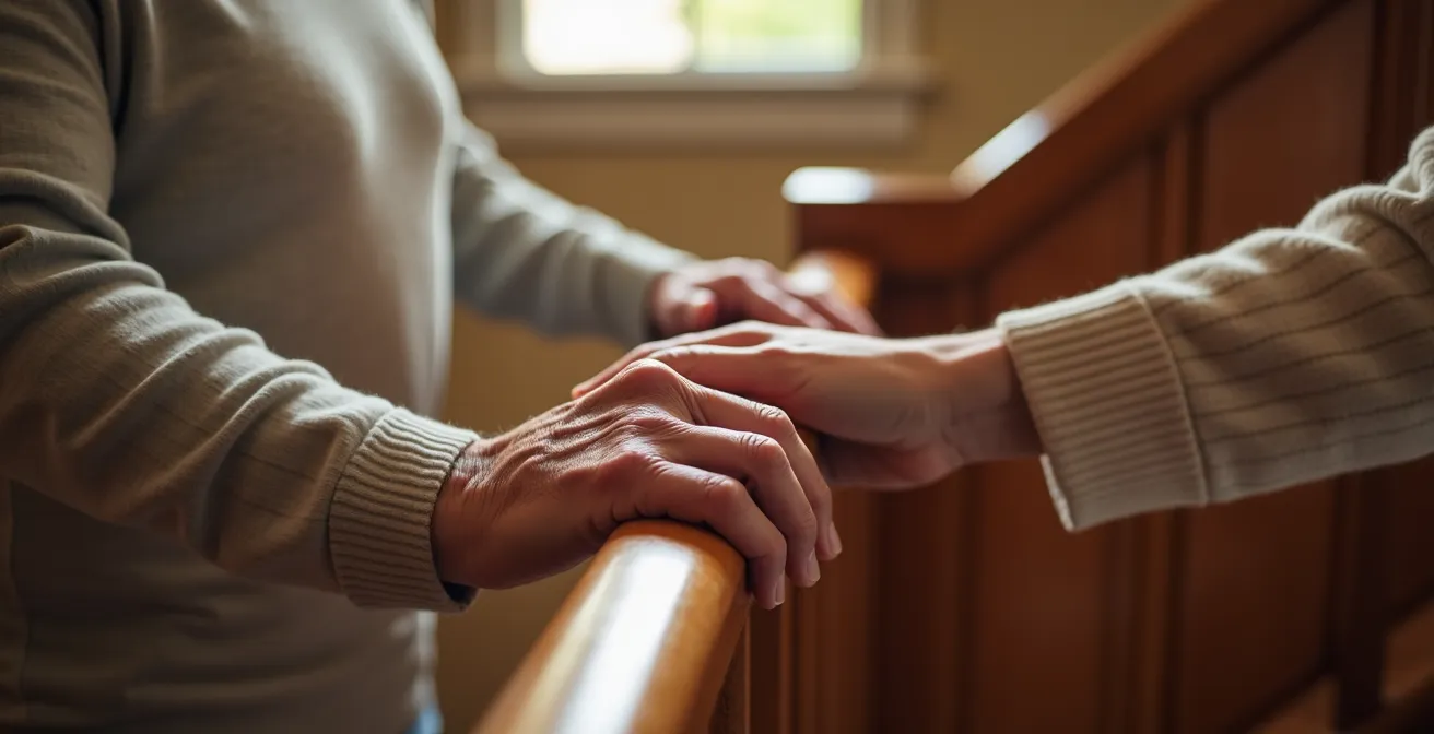A luxury home staircase with subtle, elegant architectural modifications designed for accessibility.