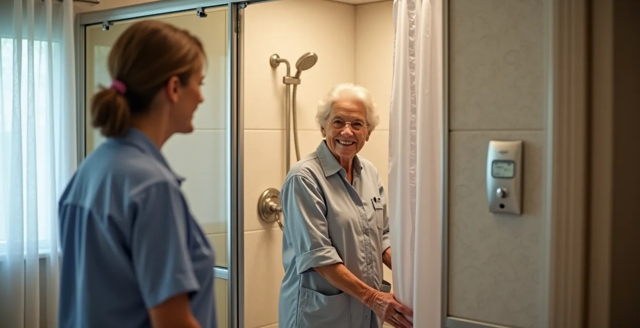Wide bathroom showing weighted curtain shower allowing clear emergency access path for a caregiver and senior