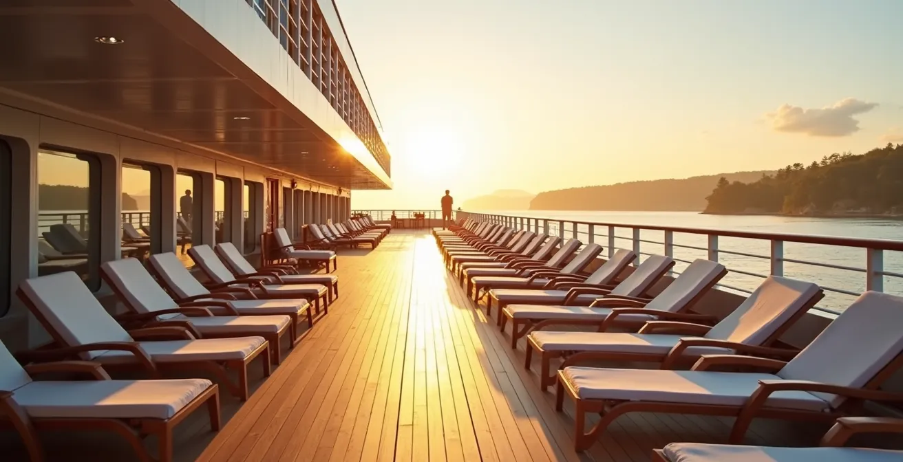 Wide view of spacious river cruise deck with minimal passengers during shoulder season