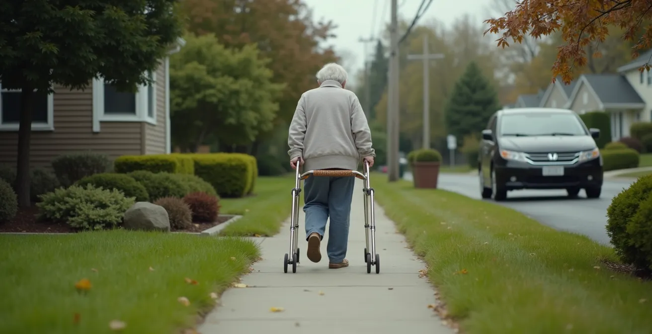 A wide view of an elderly person navigating the walkway from their home's front door to a waiting vehicle at the curb, illustrating the mobility challenge.
