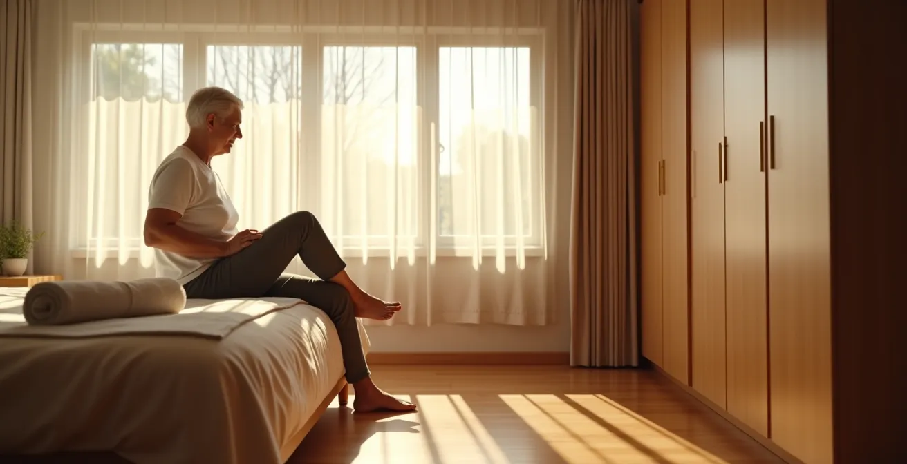 Senior performing gentle knee movements while sitting on bed edge in morning light