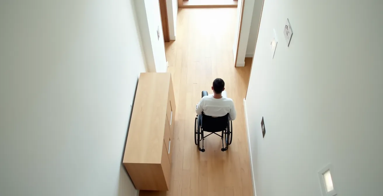 Overhead view of a hallway showing how a console table creates a dangerous pinch point for wheelchair navigation