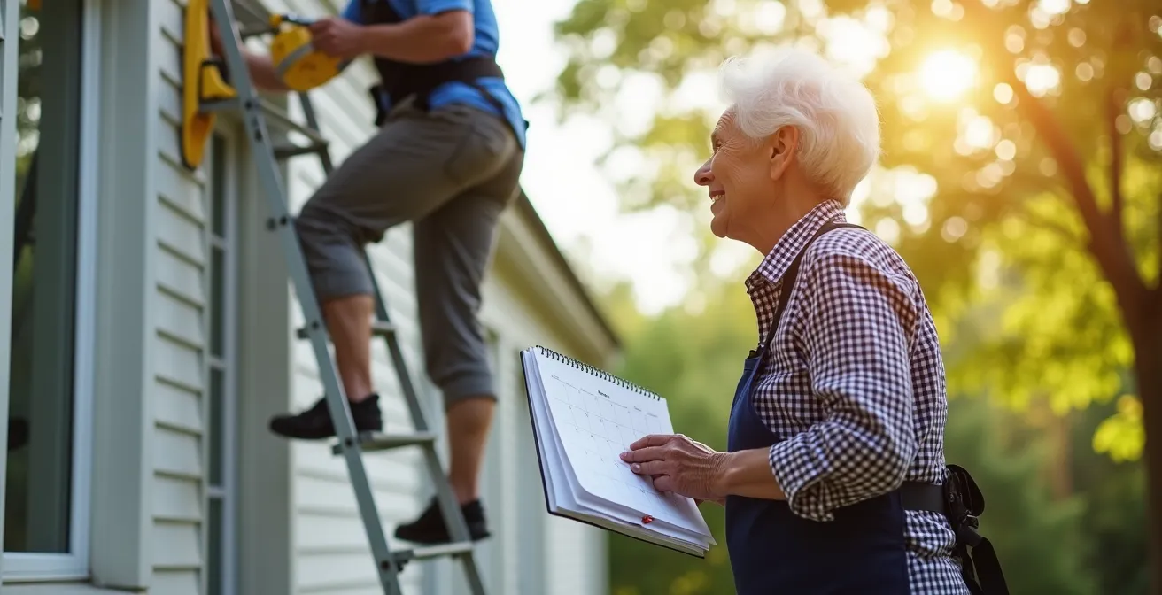 Professional cleaner safely handling high windows while elderly homeowner watches from ground level