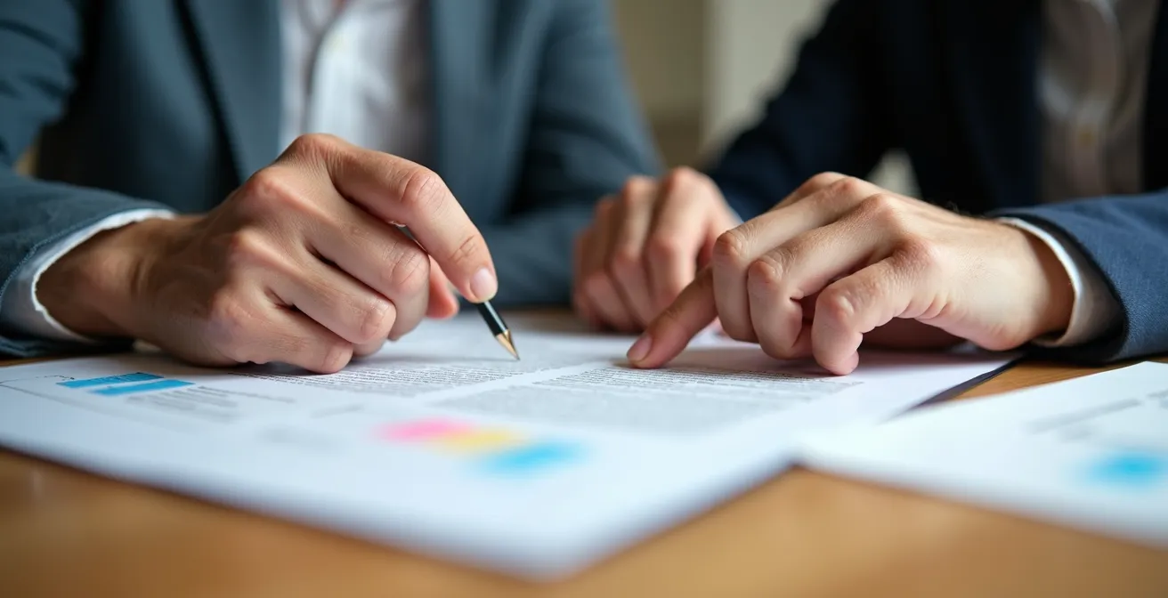 Close-up macro shot of hands pointing to a preference checklist with colorful tabs, showing collaboration between client and aide