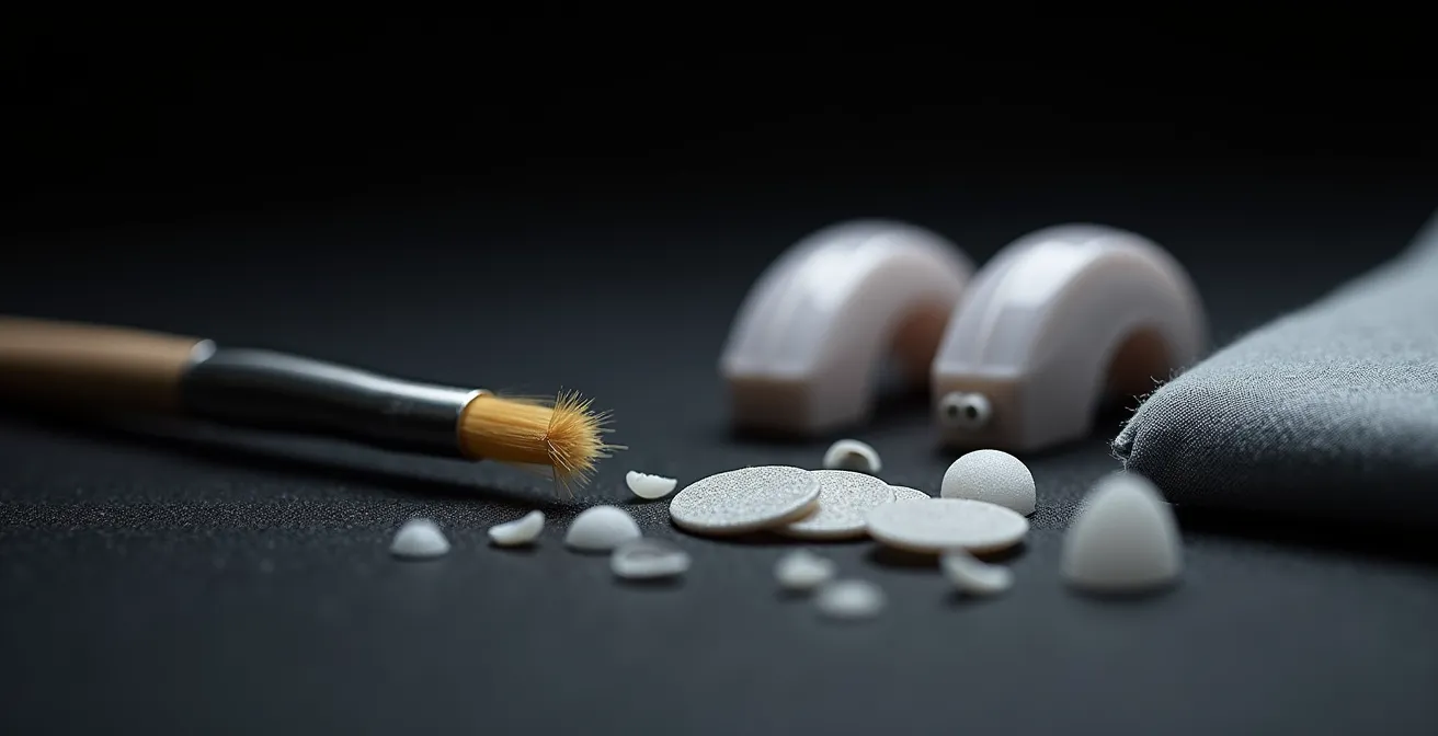 Extreme close-up of hearing aid maintenance tools including wax guards and cleaning brushes