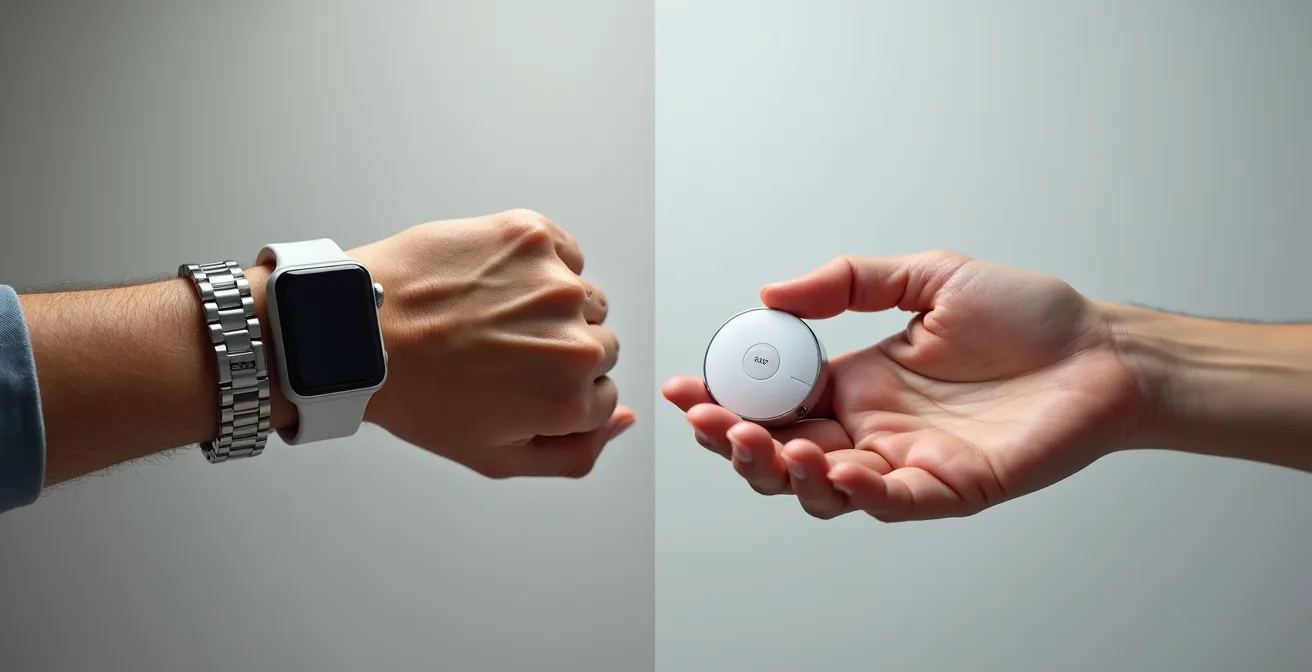 Side-by-side comparison of a modern smartwatch-style medical alert and a traditional pendant device