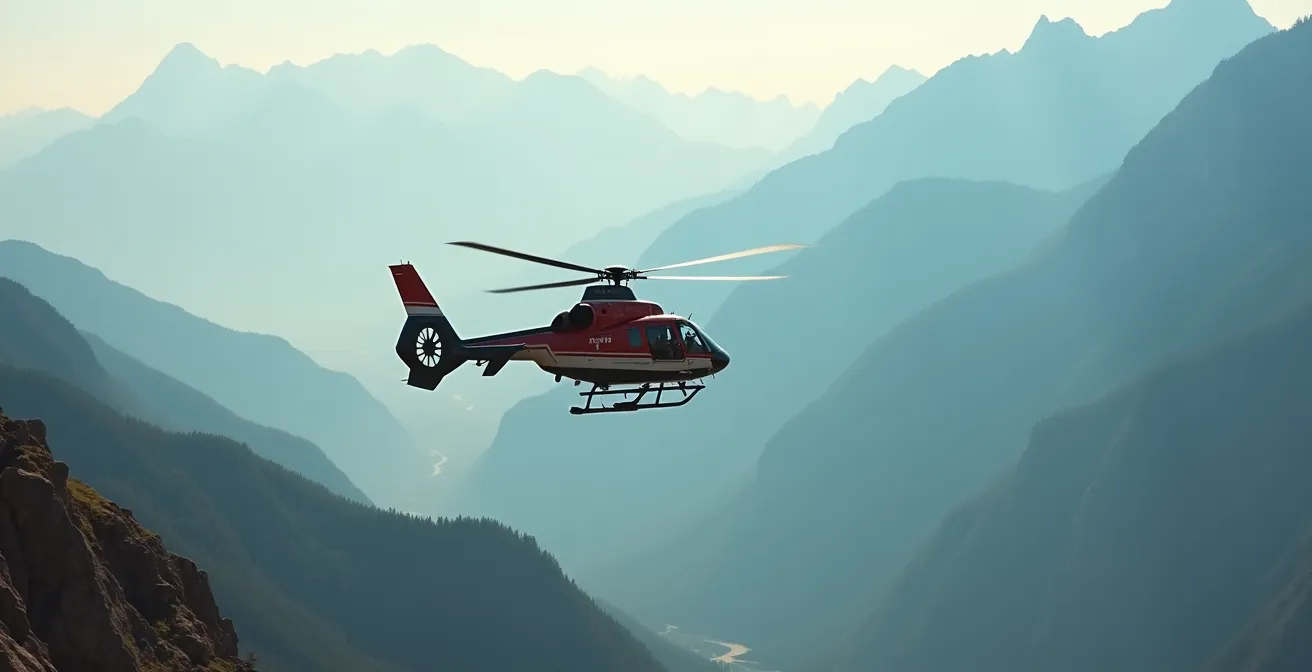Emergency medical helicopter performing mountain rescue evacuation
