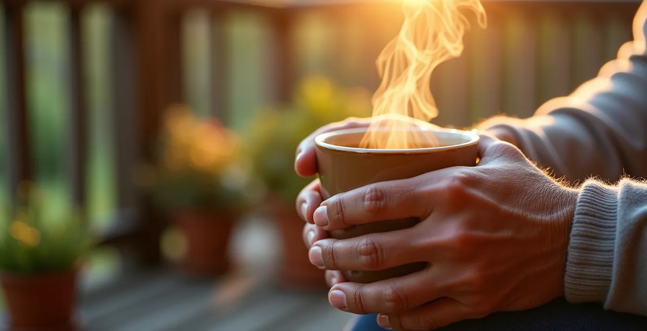 Senior person enjoying coffee on front porch with walker nearby, morning sunlight