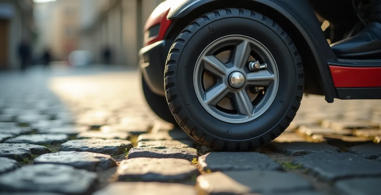 Close-up view of mobility scooter wheel navigating cobblestone surface