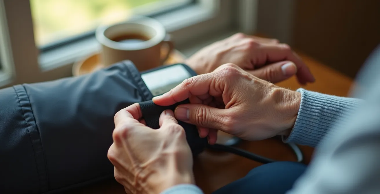Senior checking blood pressure in morning routine