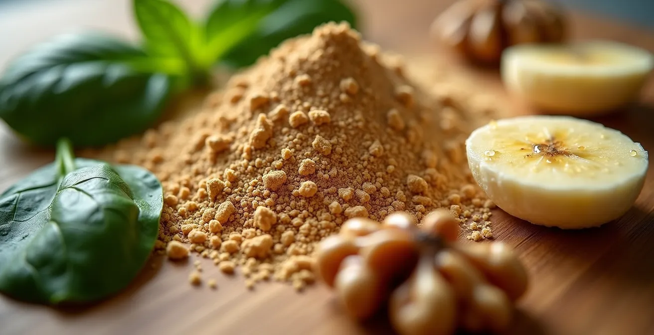 Close-up macro shot of protein smoothie ingredients including whey powder, spinach leaves, and nuts