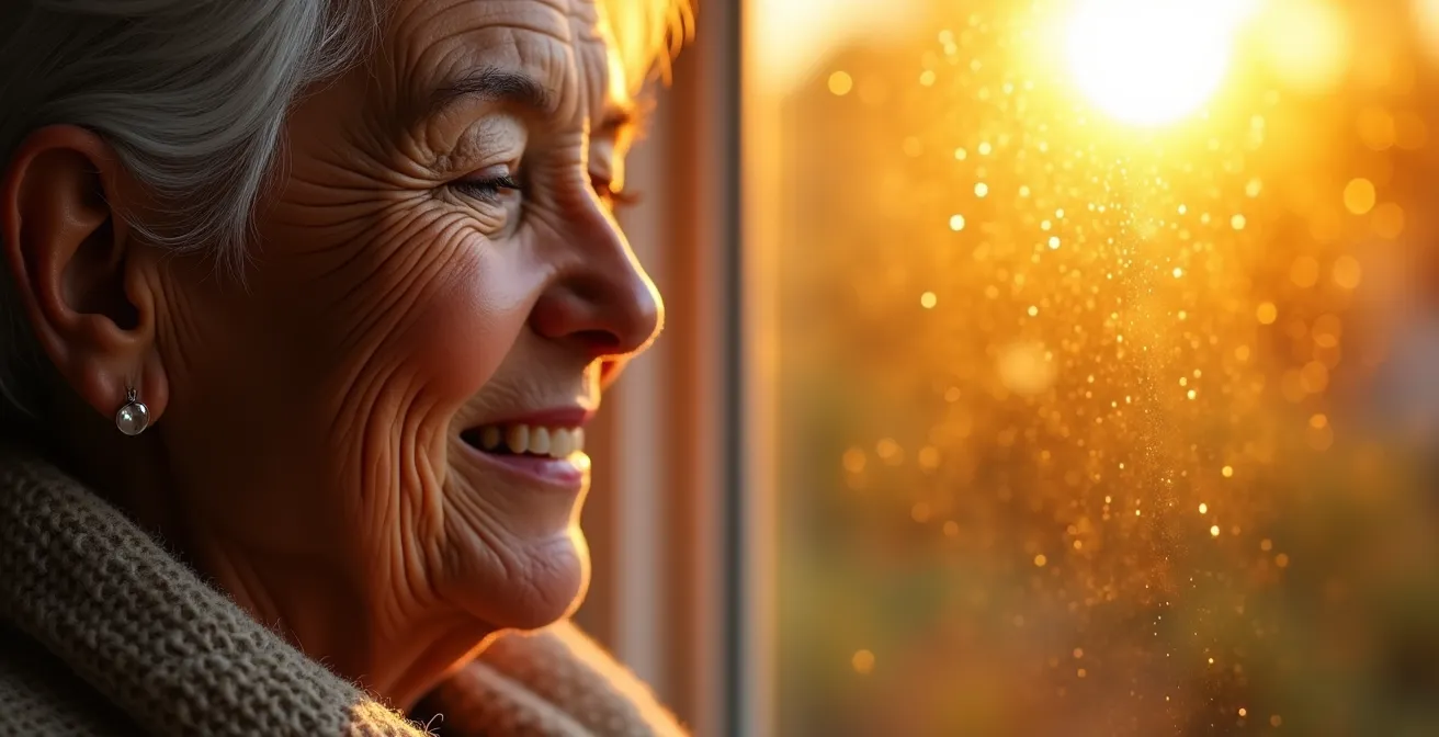 Senior stretching by window with morning sunlight streaming in, creating energizing atmosphere