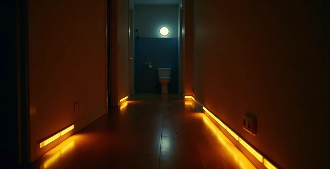 Illuminated hallway path with motion-activated warm amber lights guiding to bathroom at night