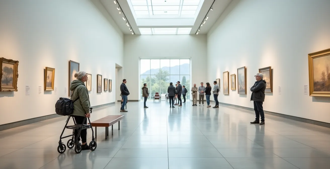 Senior with mobility aid viewing art in museum with strategic seating placement