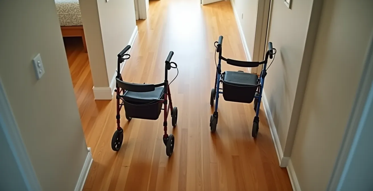 Overhead view comparing 3-wheel and 4-wheel rollator navigation in tight home spaces