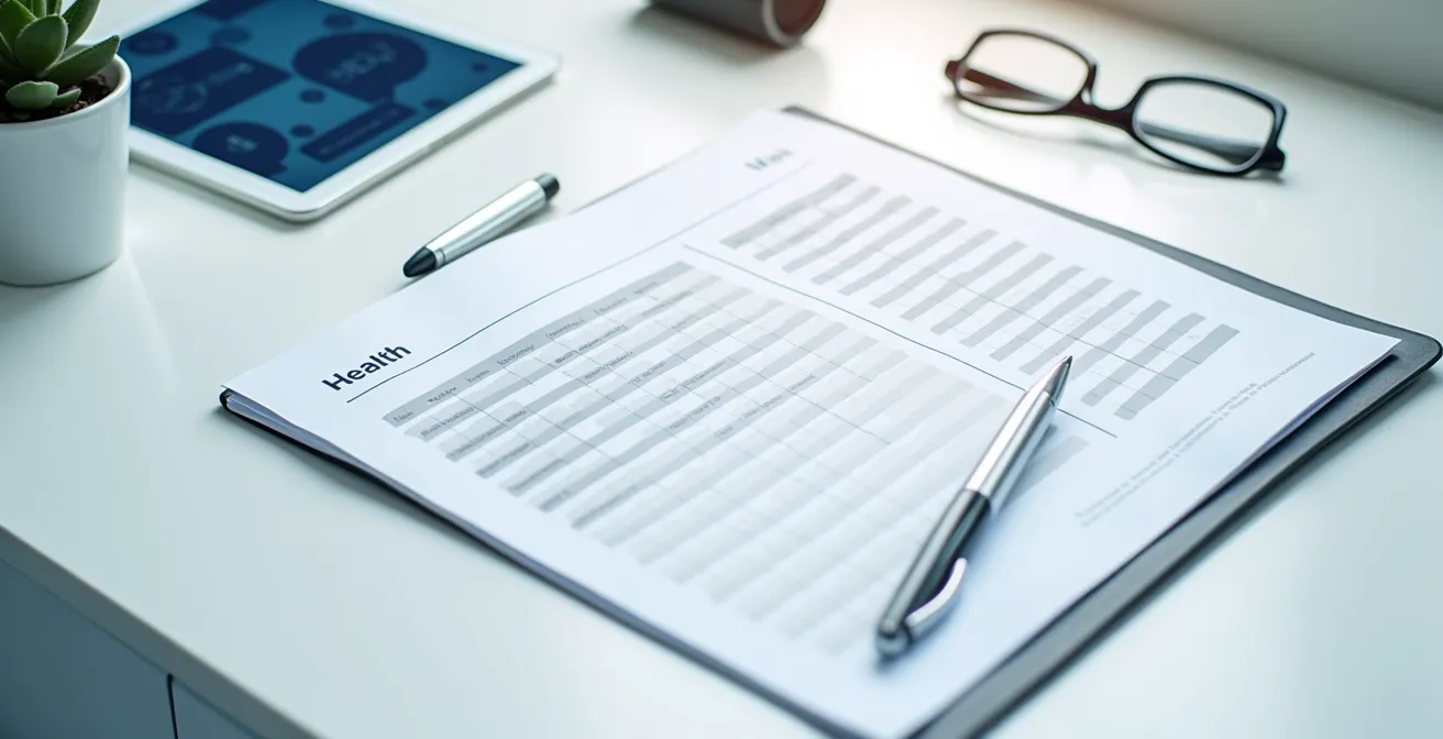 Clean desk surface with organized health tracking documents and digital tablet