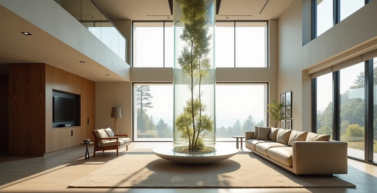 Contemporary home interior featuring a sleek, transparent cylindrical elevator shaft integrated into an open-plan living space.