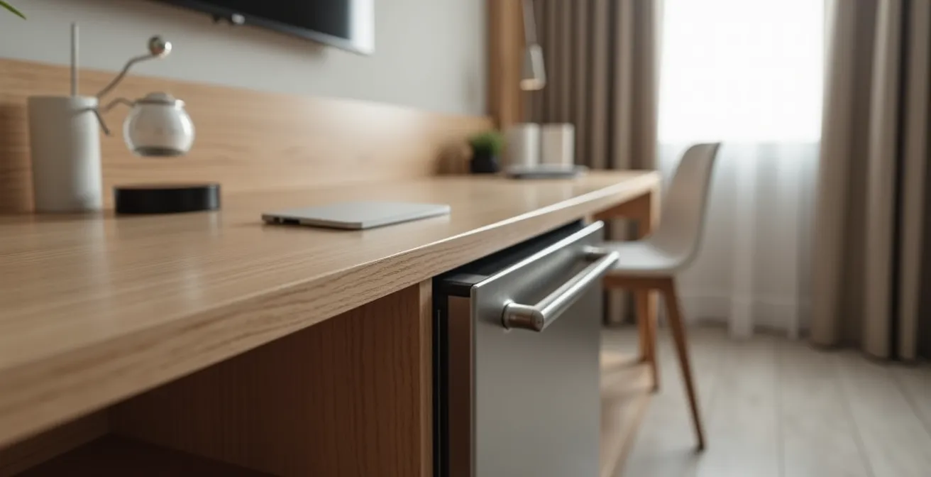 Modern caregiver suite showing bedroom area with desk workspace and kitchenette corner