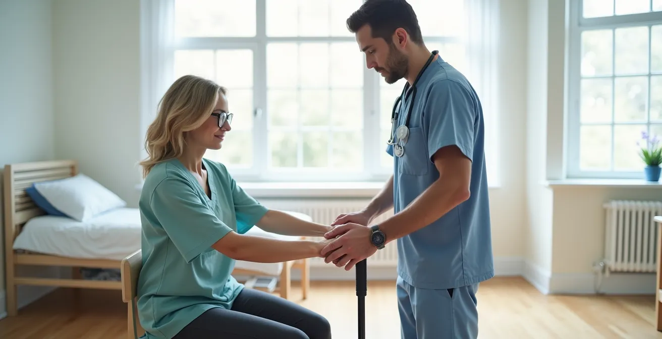 Demonstration of correct cane height measurement at wrist crease level with proper body alignment