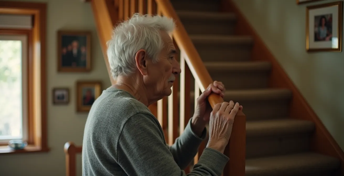 Senior person pausing thoughtfully at bottom of staircase with hand on railing
