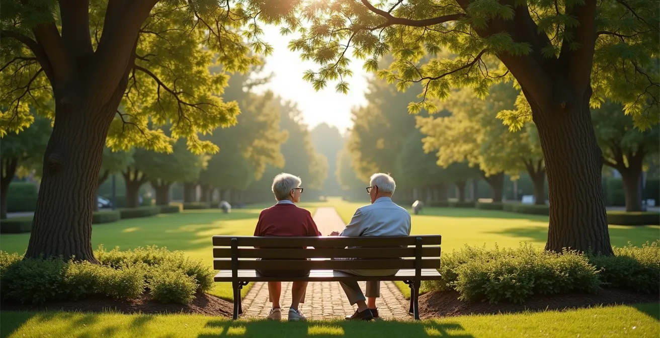 Mature couple in peaceful garden setting discussing future plans together