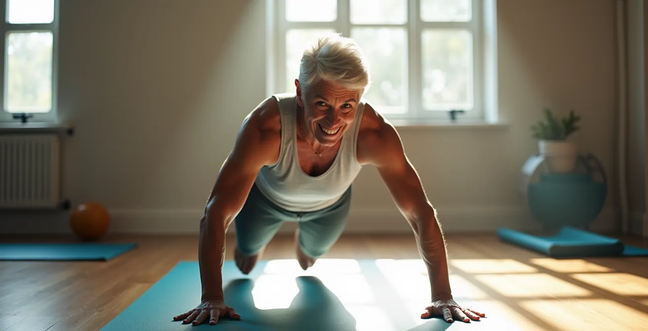 Older adult practicing controlled descent to floor for fall safety training