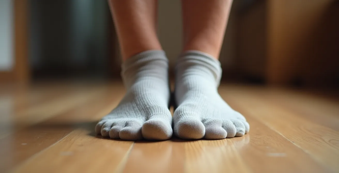 Close-up of senior's feet in tandem stance position during balance assessment
