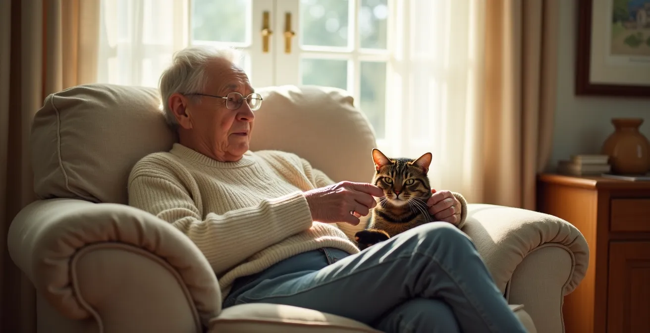 Senior person sitting peacefully with a pet in a home environment