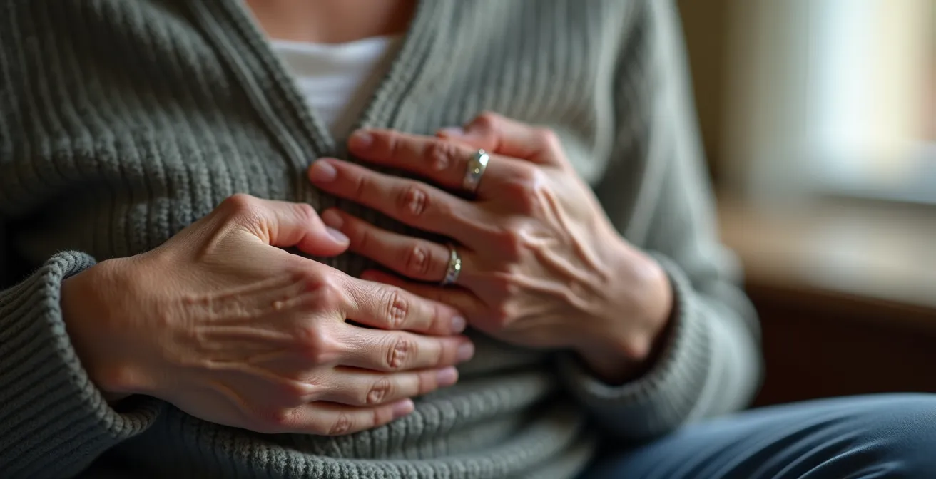 Close-up of senior's hands resting on chest during calming breathing exercise
