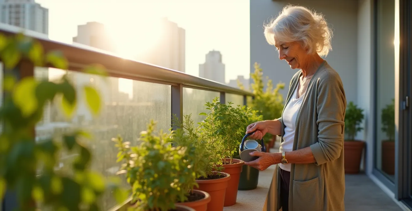 Senior person peacefully tending to herbs on apartment balcony with city view