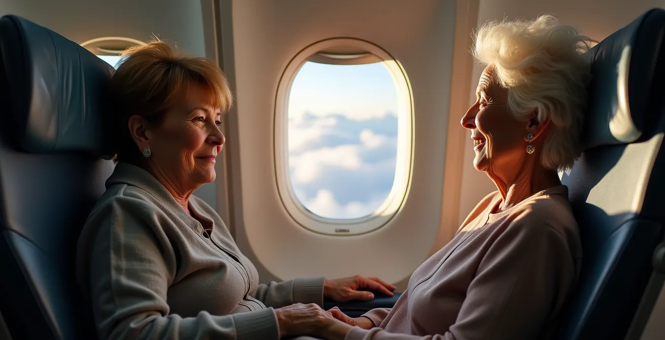 Senior traveler relaxing in premium economy seat with extra legroom