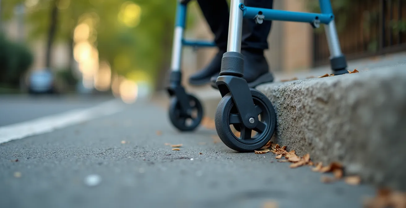 Side view of senior demonstrating correct body mechanics while navigating a curb with rollator