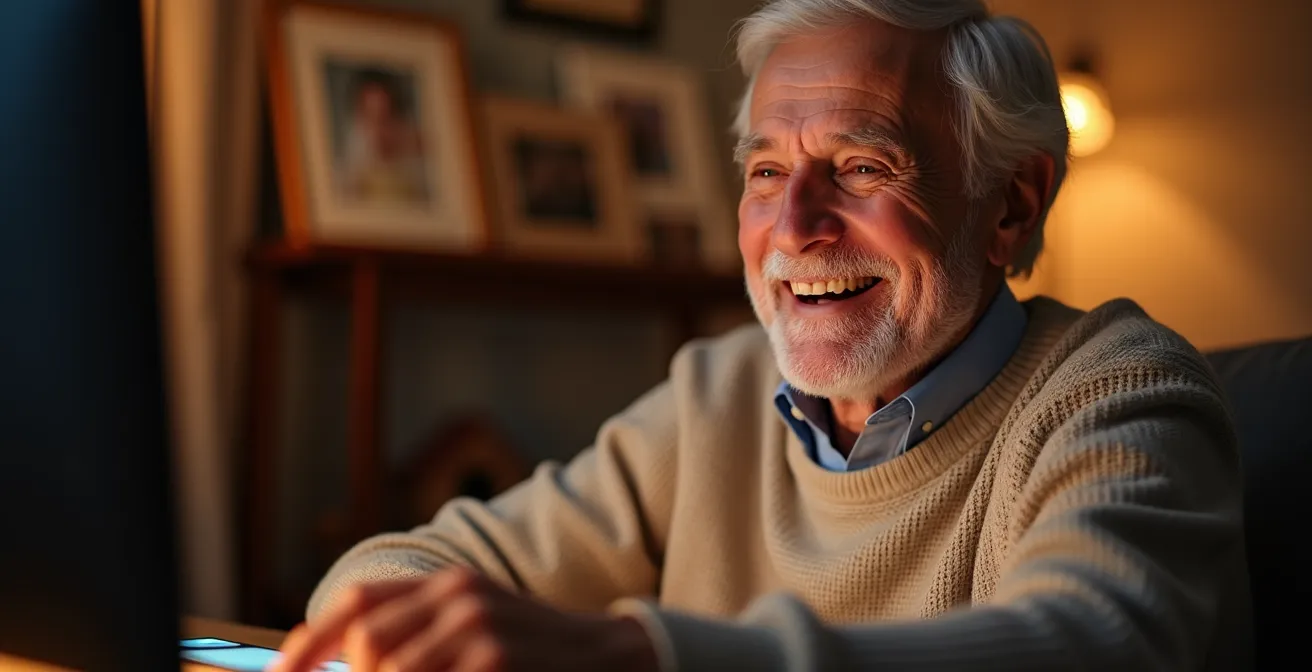 Happy senior using smart display for video call with family, showing warm interaction