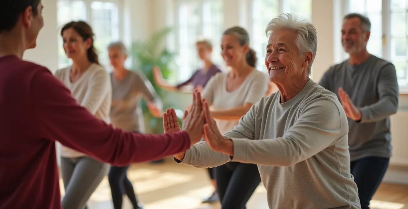 Group of diverse seniors practicing tai chi movements together in a bright community center
