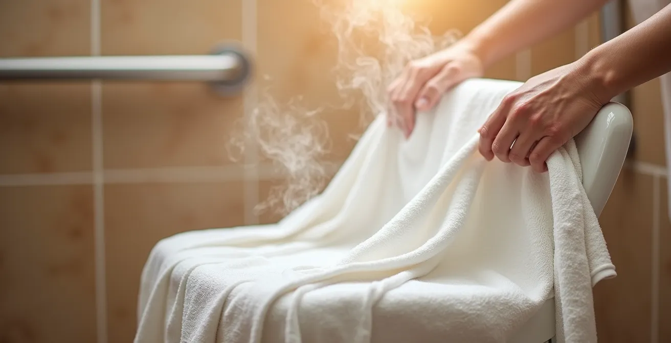 Professional demonstration of terry wrap shower covering technique for elderly privacy